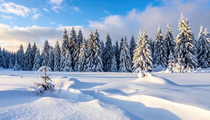 Snow Covered Fir Trees and Mountain Meadow with Footprints Under Blue Sky with White Clouds in Winter Season