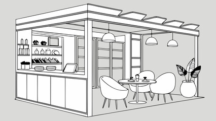 Contemporary kiosk design cafe interior sketch modern coffee shop blueprint small business store layout retail space illustration simple line drawing architectural rendering food service d.