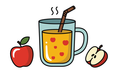 Freshly squeezed apple juice in a tall glass with whole and sliced apples