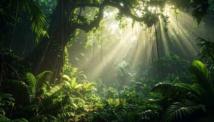 Obraz premium Sunbeams in Lush Tropical Rainforest
