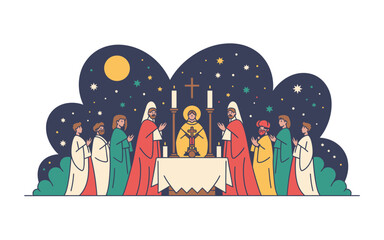 Fototapeta premium Religious ceremony with jesus christ at the altar under a starry night sky