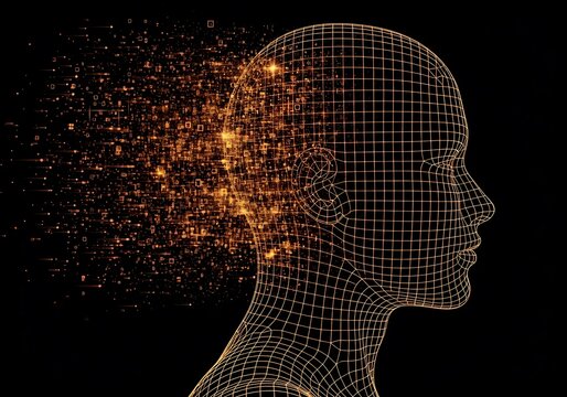 Wireframe of a human head dissolving into digital particles, representing artificial intelligence, consciousness, and the digital transformation of the mind
