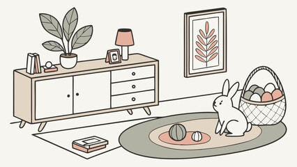 Easter Bunny in Modern Living Room Interior with Eggs and Plants Illustration.