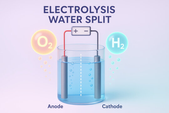 Water Electrolysis: A visually engaging graphic illustrates the fundamental process of water electrolysis, showcasing how water molecules split into hydrogen and oxygen gas.