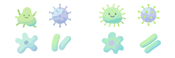 Adorable cartoon microorganisms set with smiling bacteria, viruses, and amoebas in soft pastel colors for health, science, and education