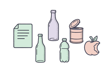 Assortment of recyclable materials including paper, glass bottles, plastic bottle, metal can, and organic waste