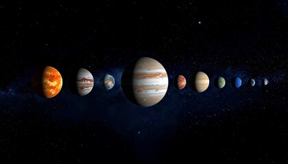 Digital depiction of the solar system with planets aligned across a starry space. Planets of various sizes and colors