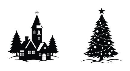Obraz premium A festive scene depicting a church and decorated christmas tree silhouette