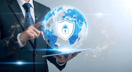 Businessman interacting with digital globe with shield and padlock on tablet device interface