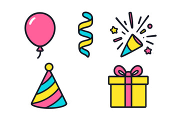 Brightly colored celebration party elements including a balloon, gift box, festive hat, confetti popper, and streamer