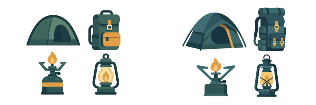 Outdoor adventure camping essentials featuring tents, backpacks, portable cooking stoves, and vintage lanterns