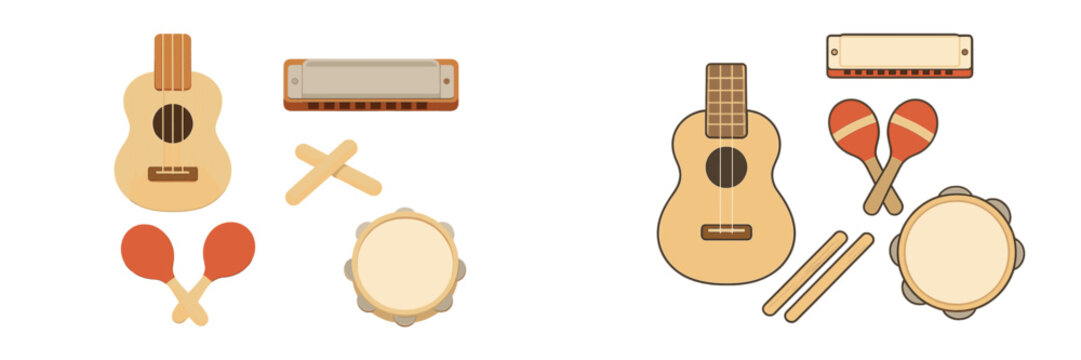 A diverse collection of musical instruments featuring a ukulele, harmonica, maracas, claves, and a tambourine, presented on a clean white background