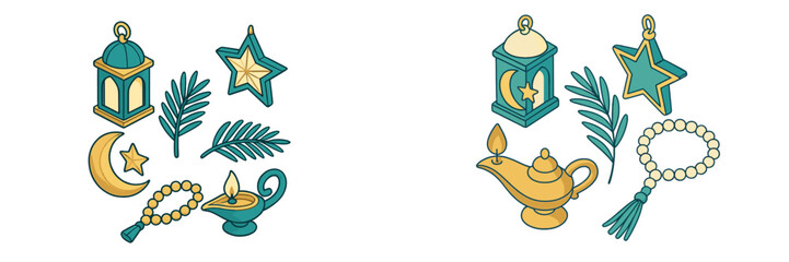 Islamic Ramadan and Eid celebration symbols with lanterns, crescent moon, star, palm leaves, oil lamp, and prayer beads
