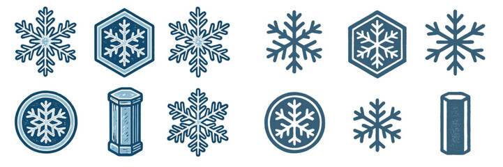 Set of diverse winter snowflake icons and symbols with textured blue designs for seasonal graphics and holiday projects