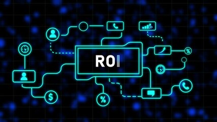 Neon blue flowchart diagram with the word ROI in the center and icons for people, money, communication, and growth on a dark digital background - Powered by Adobe