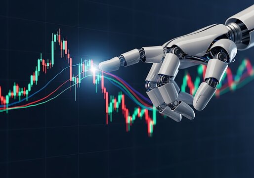 Robotic hand pointing at a financial stock market graph with candlestick charts and moving averages, symbolizing ai in trading