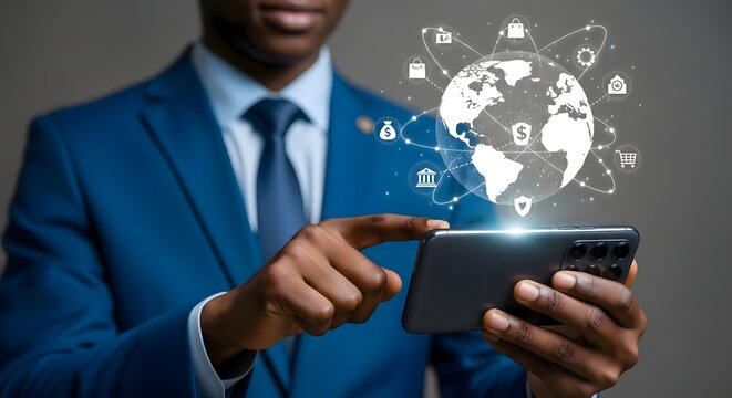 Man in blue suit holding smartphone with digital globe and e commerce icons hovering above it - Powered by Adobe