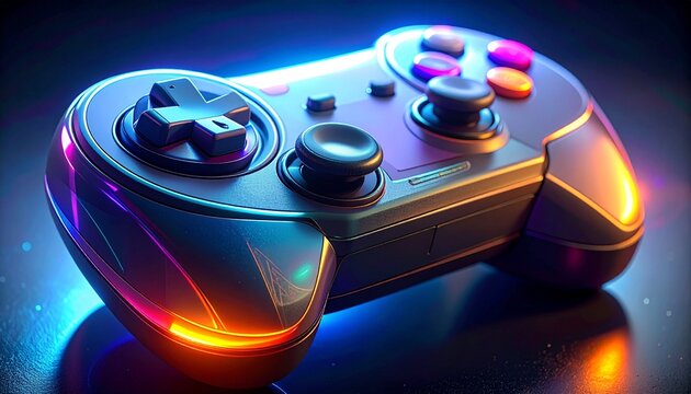 A macro ultra hyper realistic close-up of a retro gaming controller with glowing, holographic buttons.