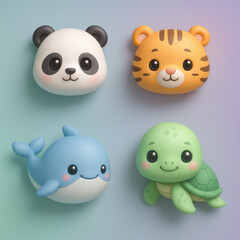 Adorable Animal Cartoon Characters: Cute panda, tiger, dolphin, and turtle cartoon characters create a playful design. Soft colors and friendly faces make it perfect for children's books.