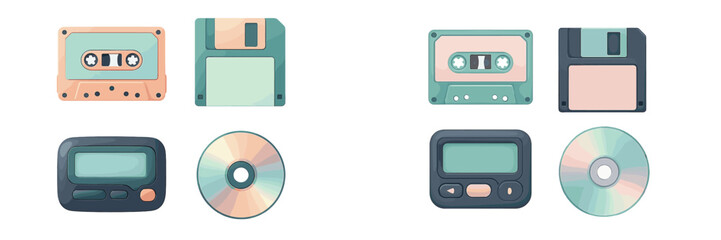 Nostalgic collection of old technology including audio cassettes, floppy disks, pagers, and compact discs