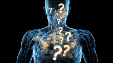 Glowing anatomical structures in X-ray human silhouette, visualizing evolutionary biology concepts through radiographic art. Scientific illustration of evolutionary remnants, questioning human anatomy