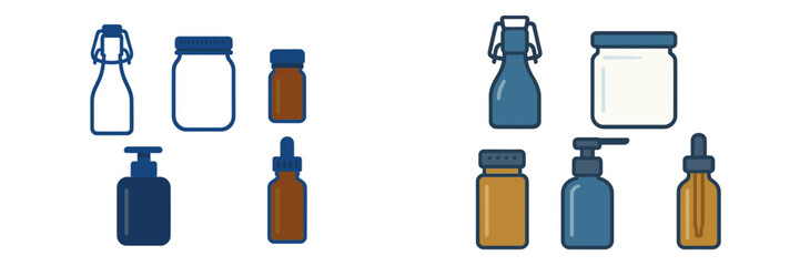 Collection of empty reusable containers including bottles, jars, and dispensers for various liquids and products