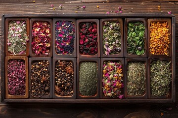 Wooden Compartments With Dried Herbs And Flowers