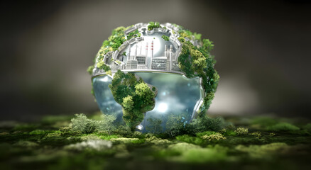 3D globe with cityscape inside mosaic sphere, lush vegetation, and interlaced gears symbolizing eco-friendly technology and innovation
