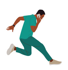 Flat vector illustration of a male doctor in green medical scrubs running with phone in hand. Side view, healthcare professional hurrying to patients, isolated on transparent background