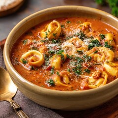 A rustic bowl of creamy tomato soup filled with cheese tortellini, garnished with fresh parsley and grated cheese.  The soup is served in a beige bowl, next to a spoon on a dark brown surface