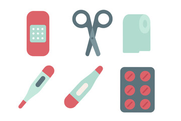 Collection of essential medical supplies, healthcare instruments, and first aid items for health, treatment, and emergency care