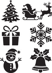 Festive Christmas icons: tree, Santa, snowman, gift, snowflake