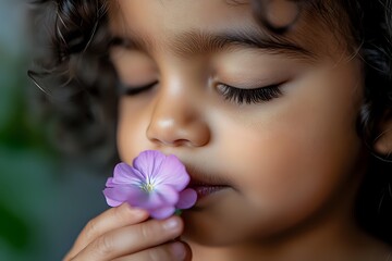 Close up portrait of young girl with curly dark hair smelling purple flower with closed eyes, expressing peaceful serenity and connection with nature in soft lighting.