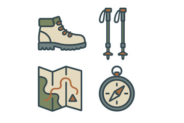 Essential outdoor adventure gear set including hiking boot, trekking poles, map, and compass for wilderness navigation