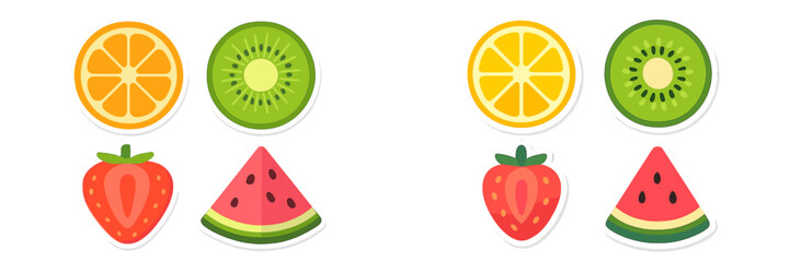 Vibrant collection of fresh fruit stickers featuring sliced orange, kiwi, strawberry, and watermelon designs, perfect for healthy eating and summer themes