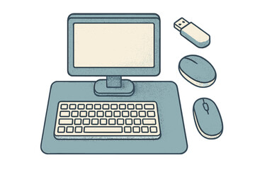 Complete desktop computer setup featuring a monitor, keyboard, mouse, and USB drive in a stylized flat design