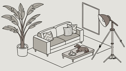 Fototapeta premium Isometric Illustration of Living Room Interior with Sofa Dog and Studio Lighting Setup.