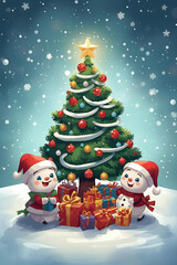 christmas tree with gifts and snowman