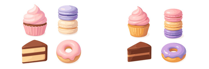 Assortment of colorful sweet desserts and pastries including cupcakes macarons donuts and cake slices with frosting