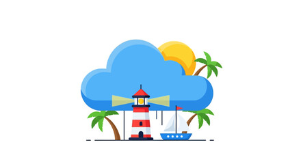 Lighthouse on a Tropical Island with a Sailboat and Palm Trees.
