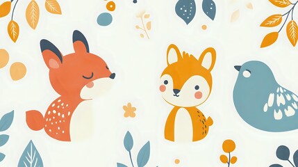 Cute woodland animals in scandinavian style with fox, bird and floral elements on white background. Childish pattern for nursery decor, fabric, wallpaper.