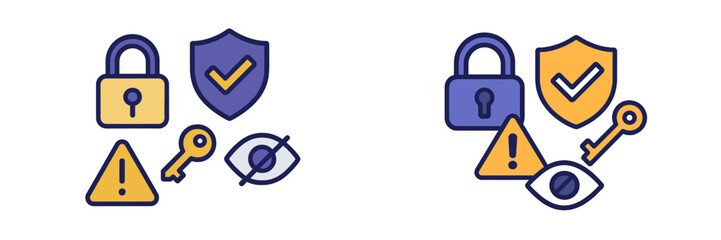 Digital security and privacy icons set including padlock, shield, key, warning, and hidden visibility symbols for data protection and access control