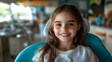 Young girl with bright smile and brown hair wearing white shirt sitting in dental chair during regular checkup at modern pediatric dentistry office.