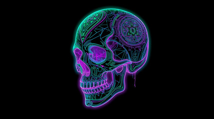 Neon Glowing Intricate Skull with Geometric and Tribal Patterns in Purple and Turquoise on Black Background Digital Illustration
