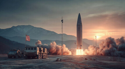 Missiles against the sunset with American flag
