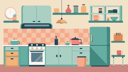 A retroinspired kitchen with pastel colored cabinets and open shelving complemented by modern Scandinavian appliances and a subway tile backsplash.