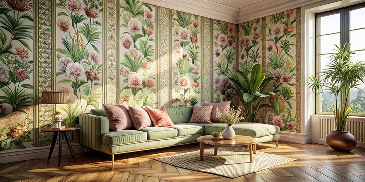 Modern Heritage Block Print Botanical Fabric, Pastel Pink Green Gold 8K UHD Photography