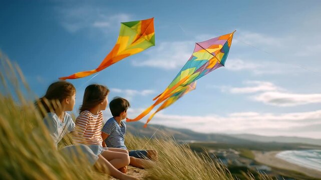 A family flies kites on a windy hill with strings tugging colorful shapes soaring a picnic basket open and grass swaying below depicted in a breezy photo with kite patterns