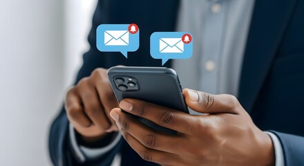 Person holding a smartphone with email notification icons above it indicating new messages received