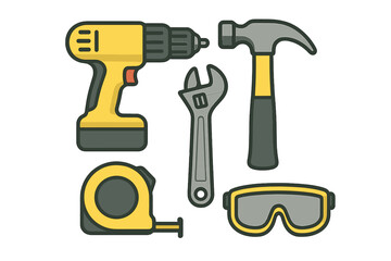 Essential construction and DIY tools like drill, hammer, wrench, tape measure, and safety goggles for home improvement